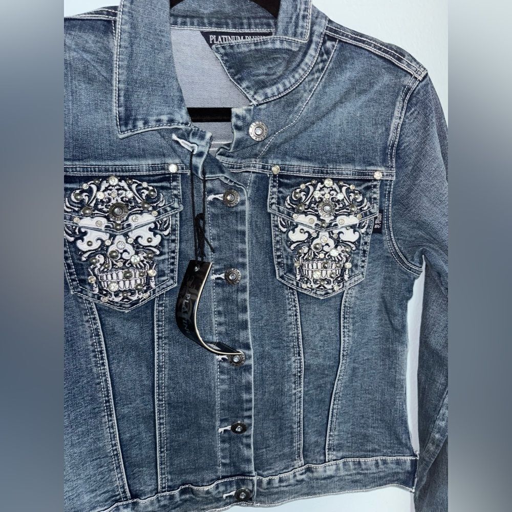 Platinum Plush Rhinestone Denim Jacket with Candy Skull Design - Picture 6 of 8